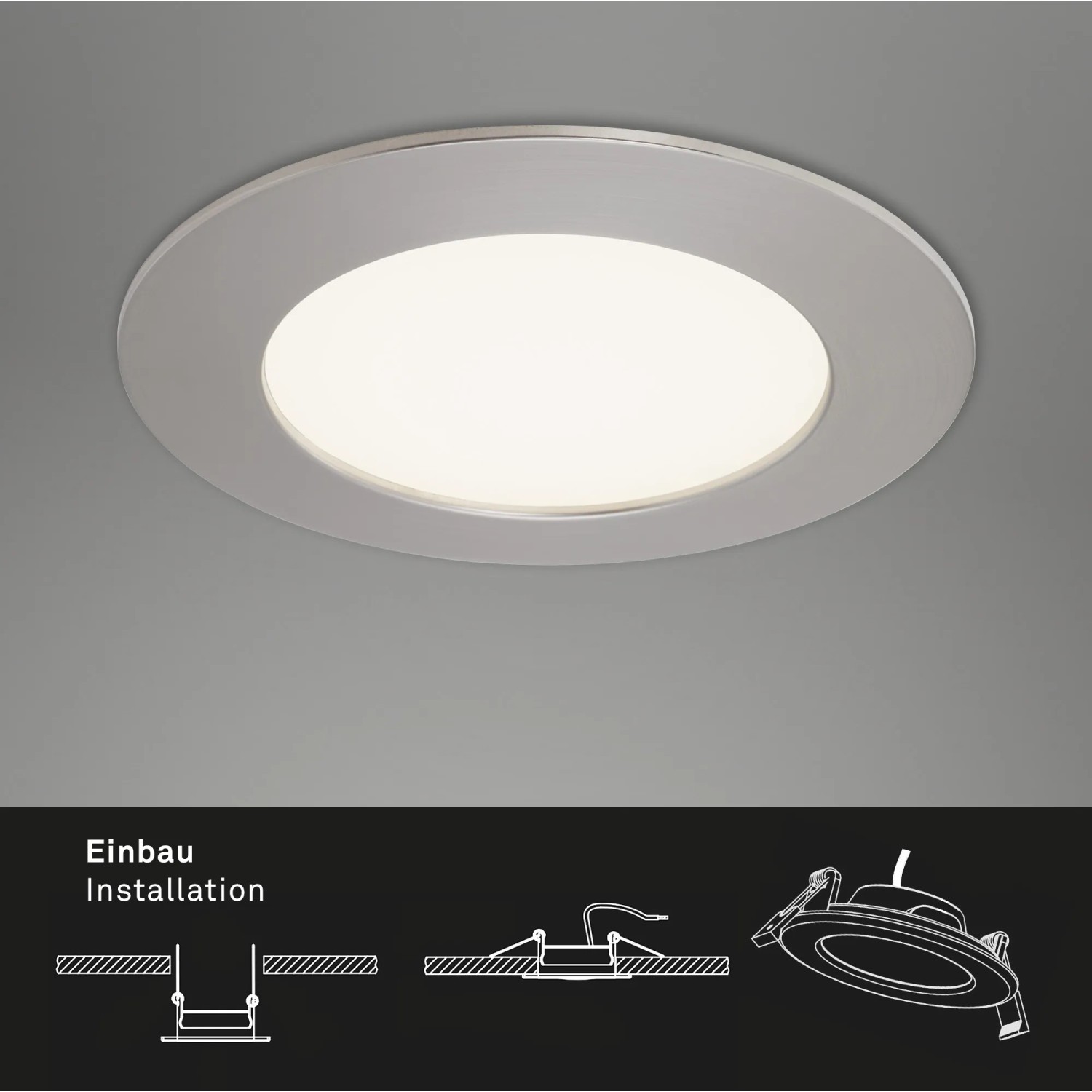 Briloner LED-Einbauleuchte 3er-Set, Nickel matt, Ø 12cm, mit Montagehinweis.