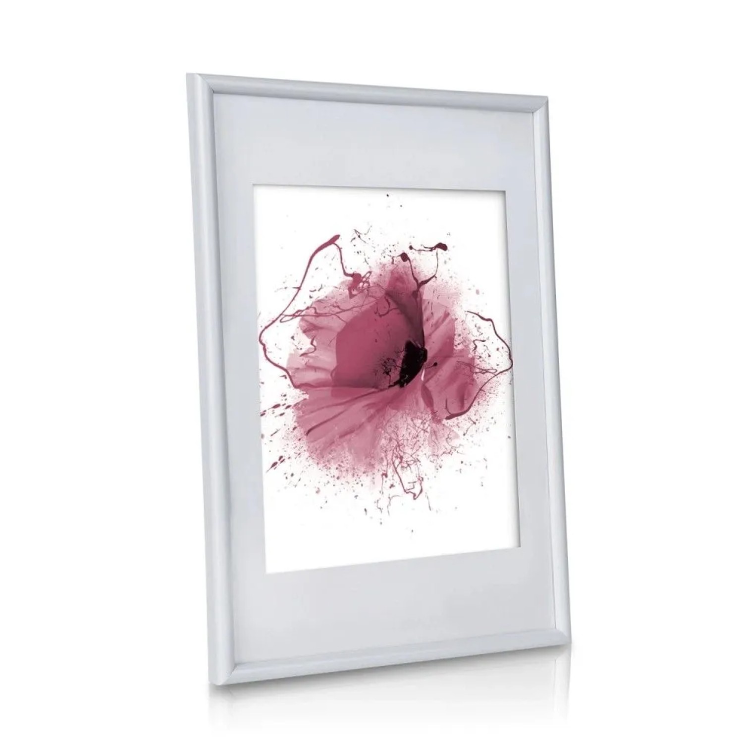 Weißer Bomoe Blossom Bilderrahmen mit abstrakter, pinkfarbener Blumen-Illustration.