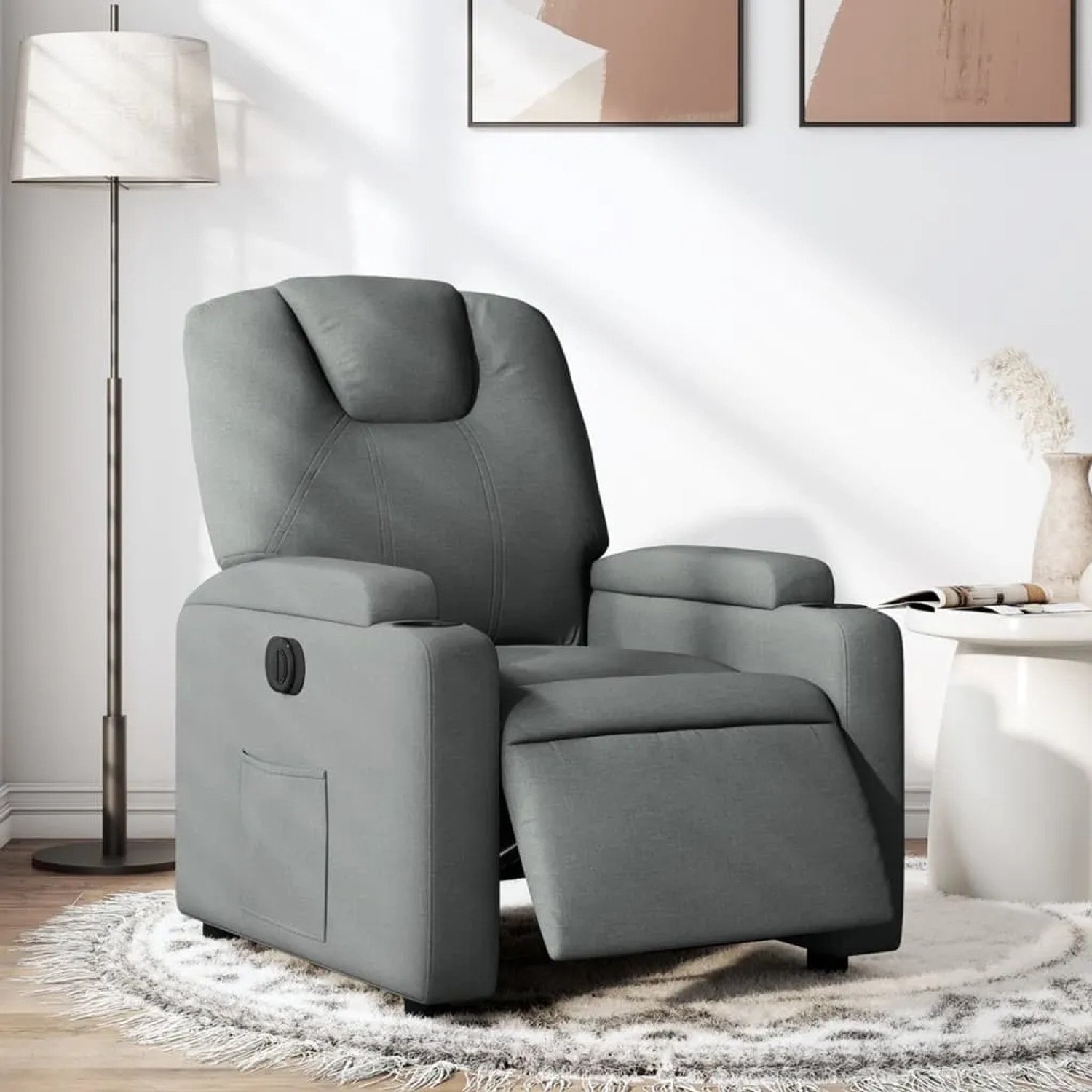 Elektrischer Relaxsessel, dunkelgrau, Stoff. TV-Sessel mit Getränkehalter und Seitentasche.