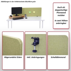 Grüne Akustik-Tischtrennwand 60x140cm aus Stoff, doppelwandig, schallhemmend, mit abgerundeten Ecken, inkl. Klemmen.