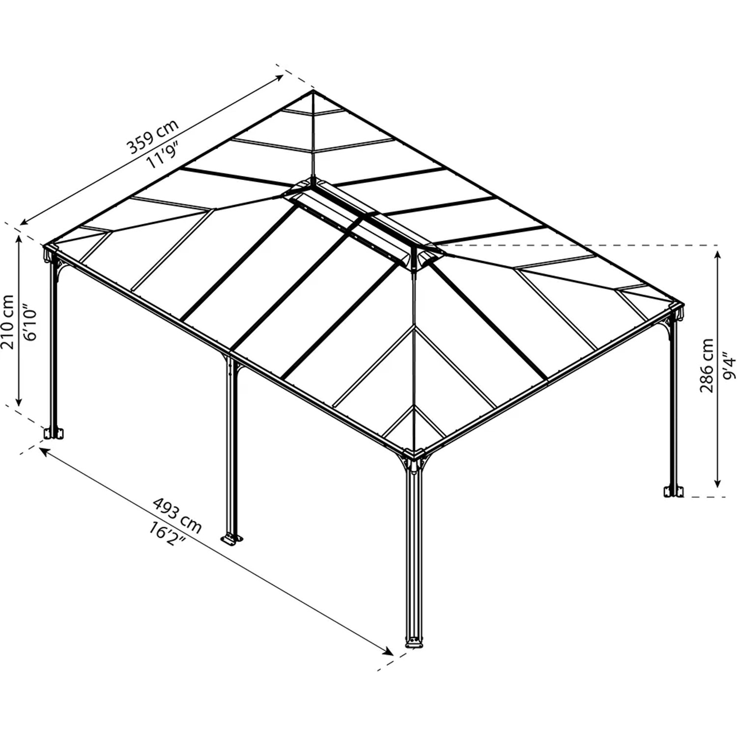 Draufsicht-Skizze des Palram Canopia Martinique Pavillons (3.6x4.9m) in Anthrazit mit Maßen.