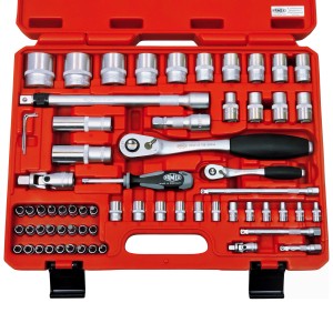 Famex Werkzeug-Set, 66-teilig, mit Steckschlüsselsatz in rotem Koffer. Professional Werkzeug.