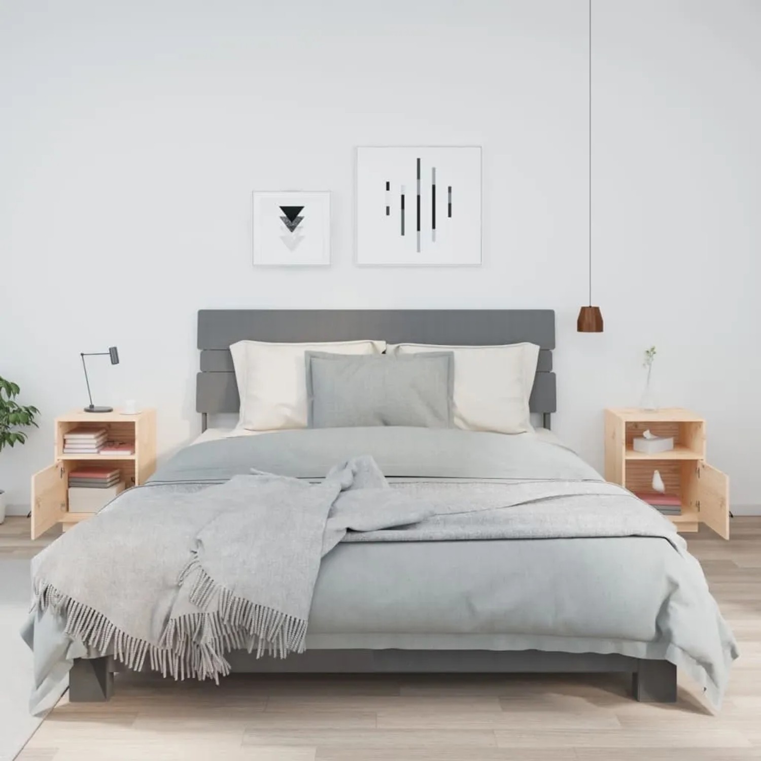2er Set Nachttische aus Kiefernholz, 40x34x55cm, mit Tür und Stauraum im Schlafzimmer.