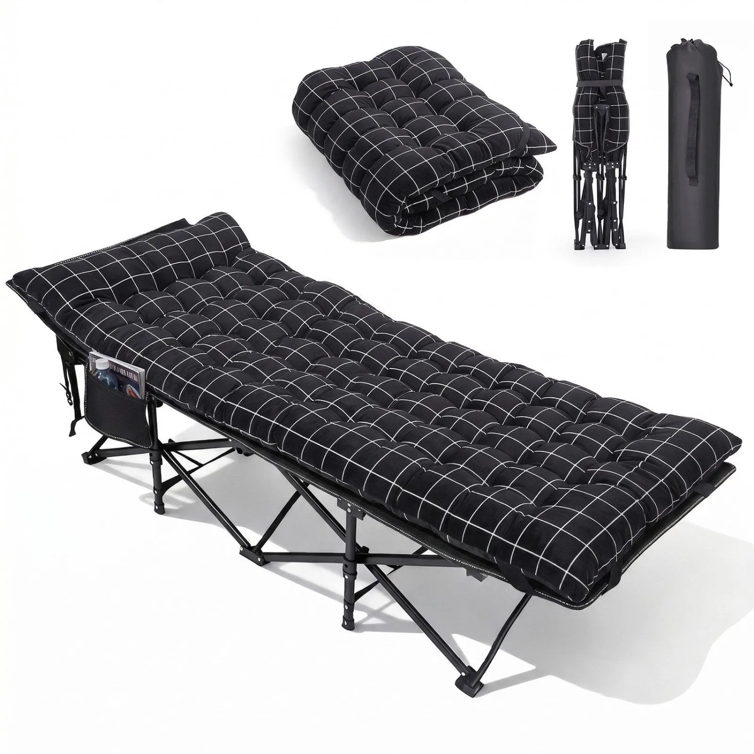 Sekey Campingbett Klappbar Feldbett mit Matratze Schwarz-Kariert 190 x 71 x 35 cm