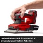 Einhell Akku-Schwingschleifer TE-OS 18/230 Li Solo in Rot mit Hand am Griff.