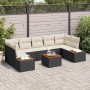 Schwarzes 8-teiliges Garten-Sofa-Set aus Poly Rattan mit Kissen und Tisch.