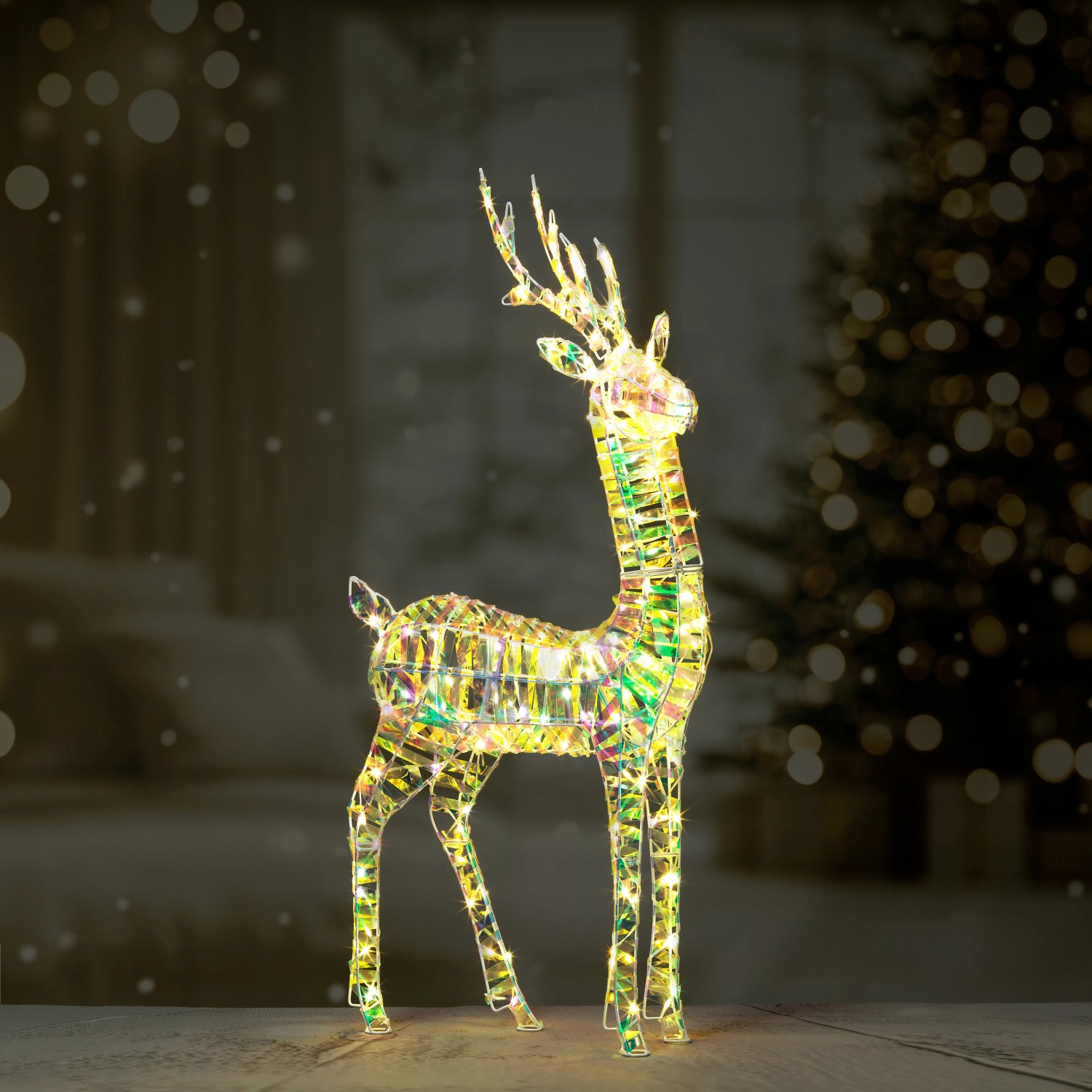 Leuchtender Rentier, 120cm, mit warmweißen LEDs und Regenbogen-Effekt, festliche Weihnachtsdekoration für Innen und Außen.
