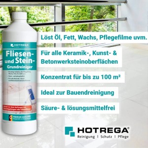 Hotrega Fliesen- und Stein Grundreiniger Konzentrat, 1 Liter Flasche vor hellem Hintergrund.
