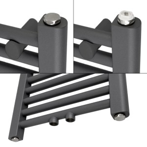 Detailaufnahme LuxeBath Badheizkörper Sahara, 600x1500 mm, Anthrazit, Mittelanschluss.