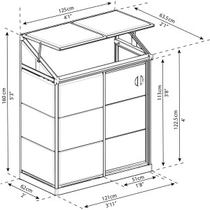 Skizze des Palram Canopia Minigewächshauses Lean To, 125x64 cm, silber, mit Maßangaben.