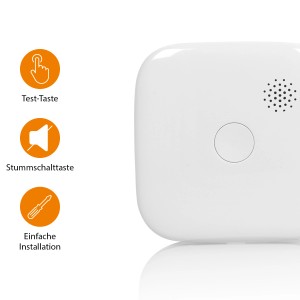 Smartwares WLAN Rauchmelder mit App-Unterstützung, weiße Kunststoffoberfläche, Test- und Stummschalttaste.
