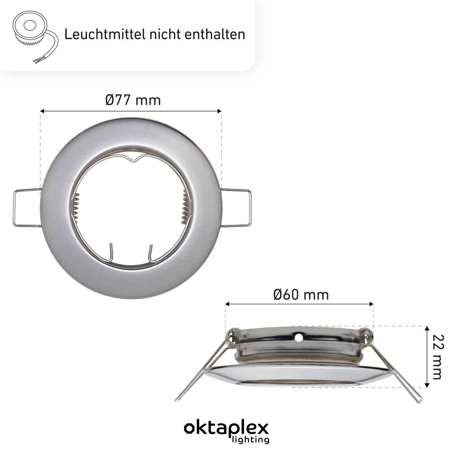 Runder Oktaplex Sedan Einbaurahmen in gebürsteter Edelstahloptik, Ø77mm, 22mm hoch, für LED-Module.