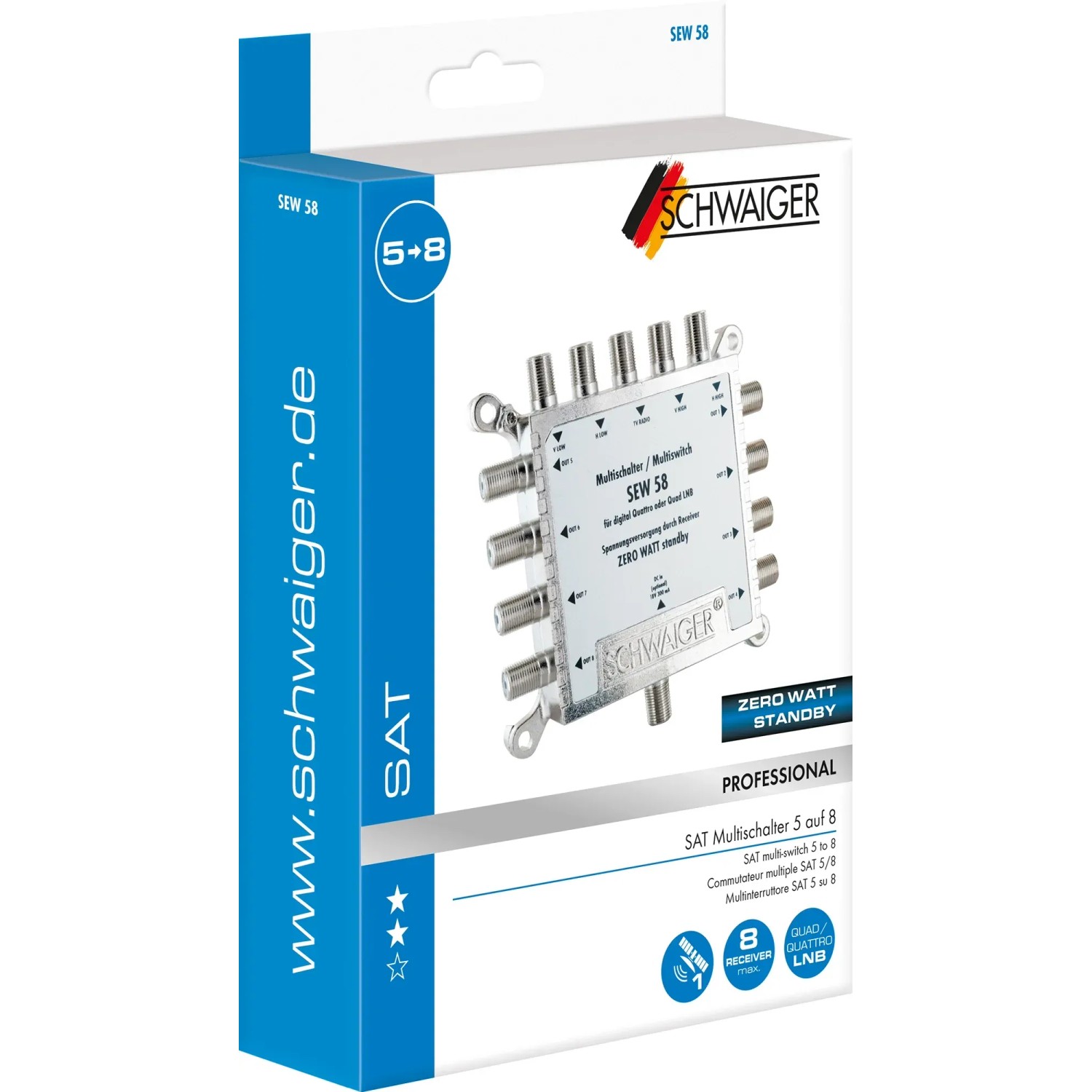 Schwaiger SAT-Multischalter 5-8 in Verpackung, Verteiler für Satellitensignale auf 8 Ausgänge.
