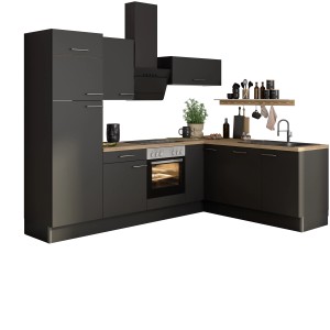 Moderne Optifit Winkelküche Optikoncept Ingvar, 270 cm, in Anthrazit mit Holzdekor Arbeitsplatte und E-Geräten.