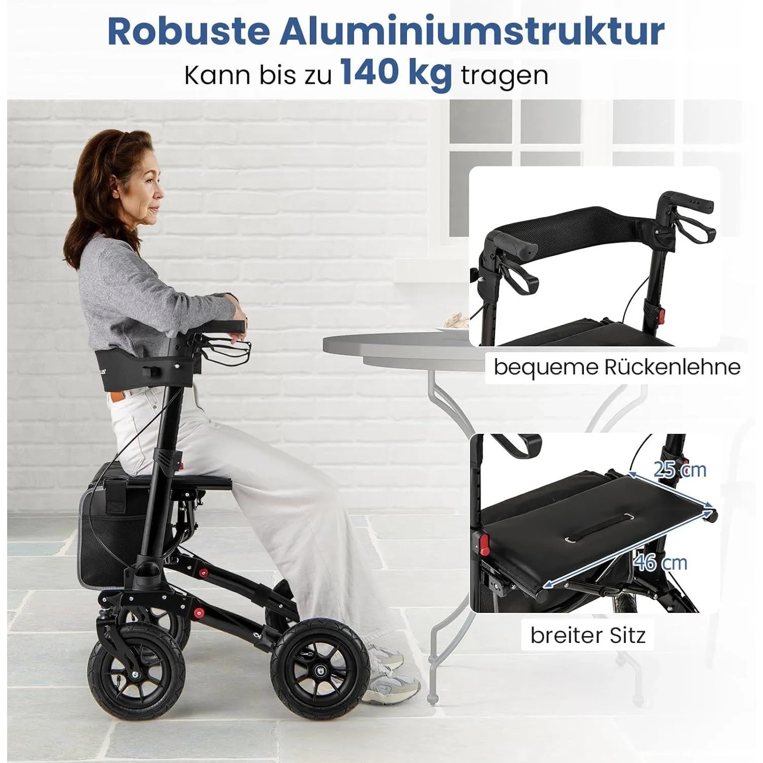 Schwarzer Costway Rollator mit Luftreifen, faltbar und höhenverstellbar. Ideal für Sport & Fitness.
