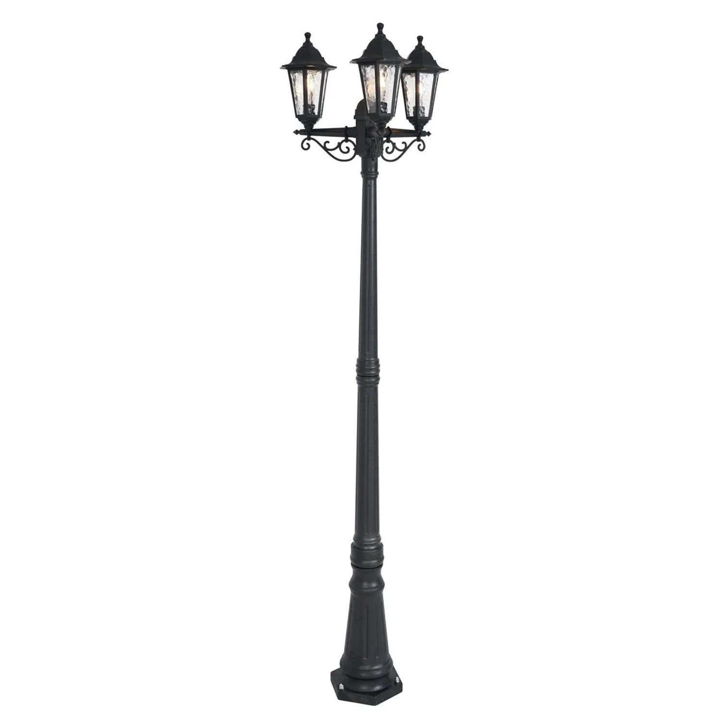 Klassische, schwarze QAZQA Außenleuchte New Haven, 217 cm hoch, mit drei Laternen und gehämmertem Design.