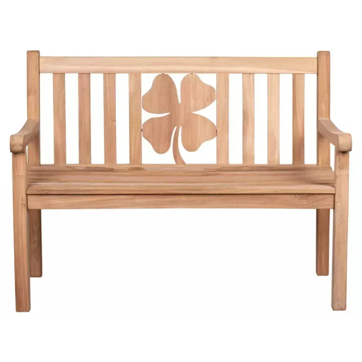 Gartenbank Kleeblatt aus Teakholz, robust und mit abgerundeten Armlehnen. Motiv Kleeblatt im Rückenteil.
