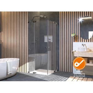 Eckdusche Brava mit Drehtüren und Festteilen, Chrom, Sondermaßanfertigung im Badezimmer.