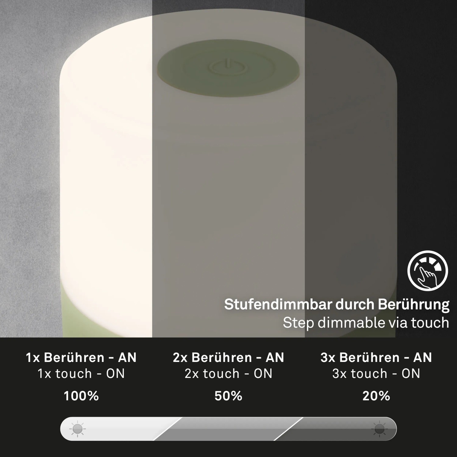 Brilo Akku-Tischleuchte Smal Grün: Dimmstufen per Touch dargestellt.