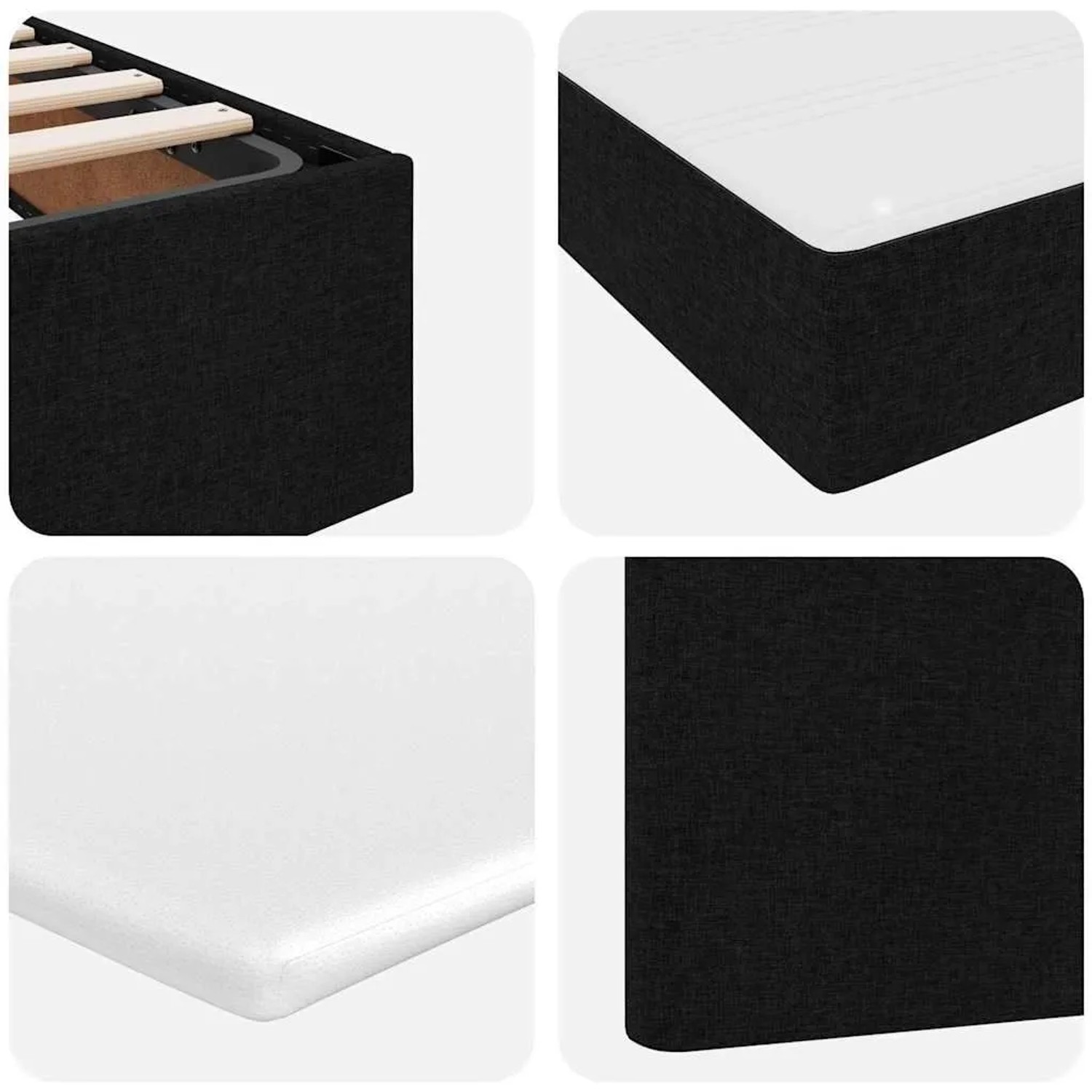 Schwarzes vidaXL Bett (200x200 cm) mit LED-Leisten und Stoffbezug, Detailansichten.