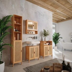 Vicco Badmöbel-Set Liora, 4-teilig aus Bambus mit Waschbeckenunterschrank, Spiegelschrank, Schrank und Hochschrank.