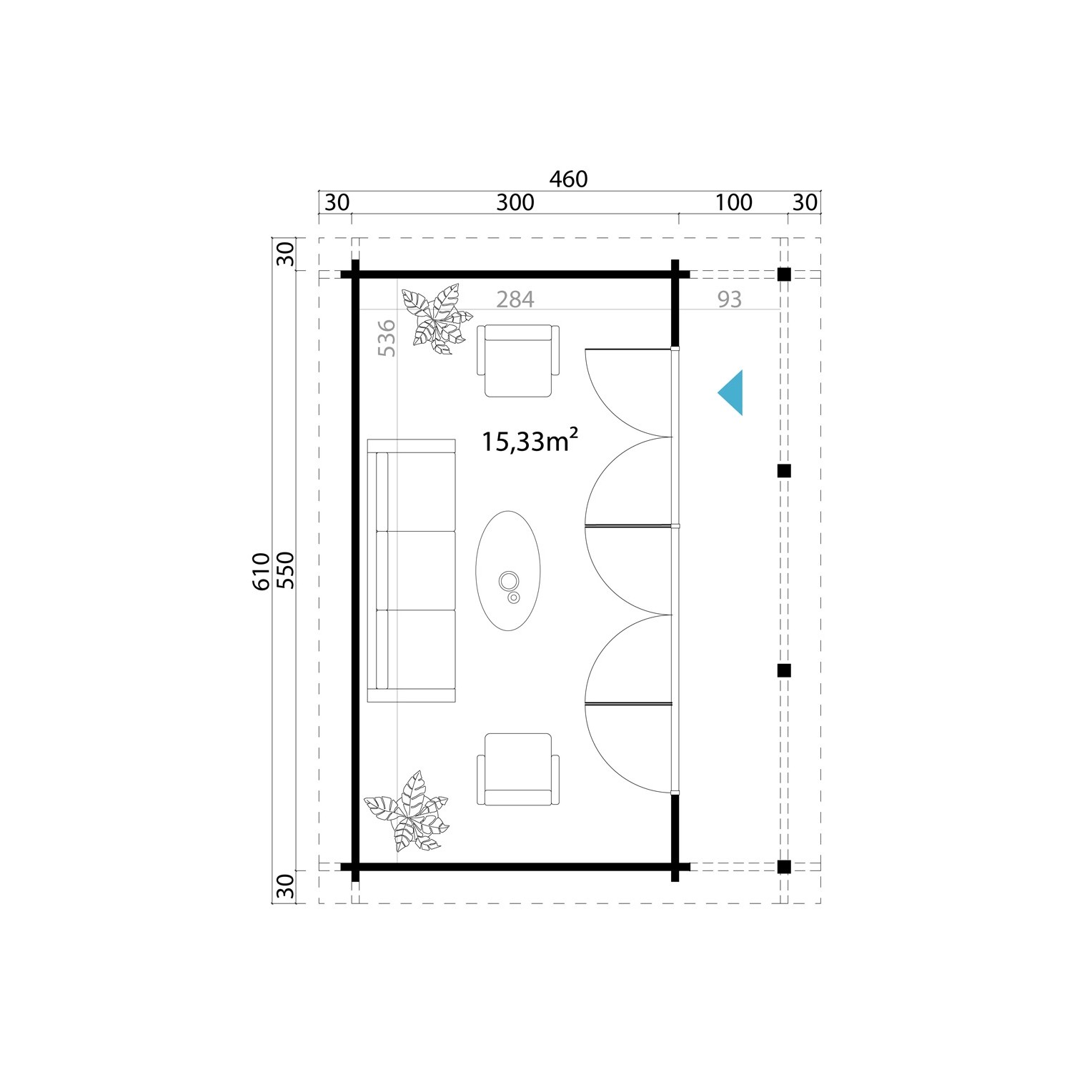 Grundriss Lasita Maja Gartenhaus Lyndhurst, 550x300cm, mit Möbeln und Bepflanzung als Beispiel