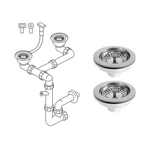 Miló Röhrensiphon-Set für Doppelbecken (Ø 114 mm) mit Edelstahl Ab- und Überlaufgarnitur und Plastikrohren.