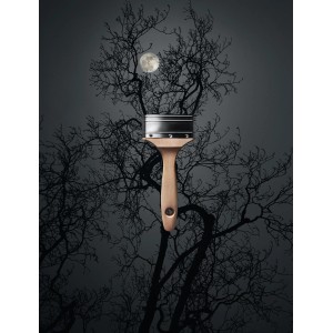 Schöner Wohnen Trendfarbe Luna, matte Wandfarbe, 50ml. Pinsel vor Baum und Mond.