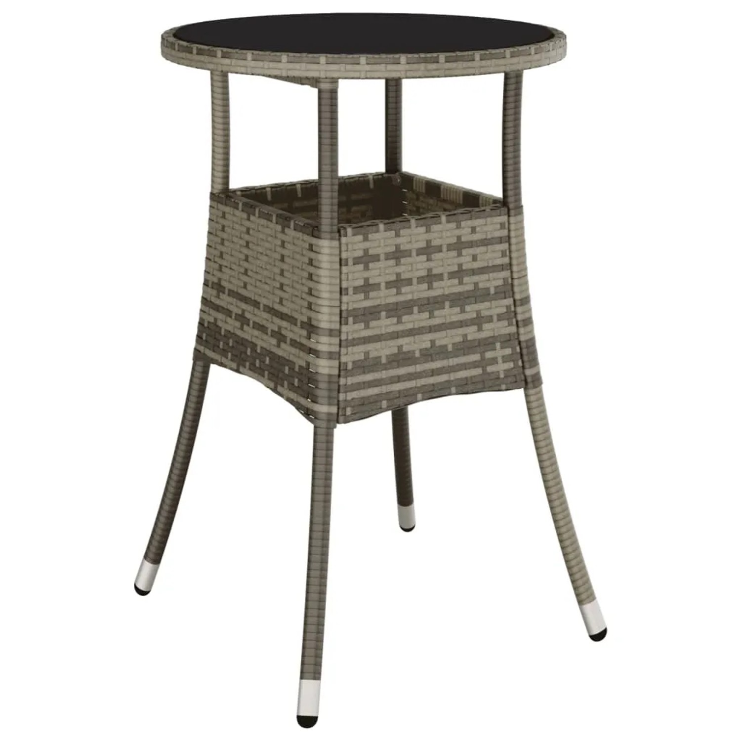 Grauer vidaXL Bistro-Tisch aus Rattan mit Glasplatte, Teil des 5-tlg. Gartenmöbel-Sets.