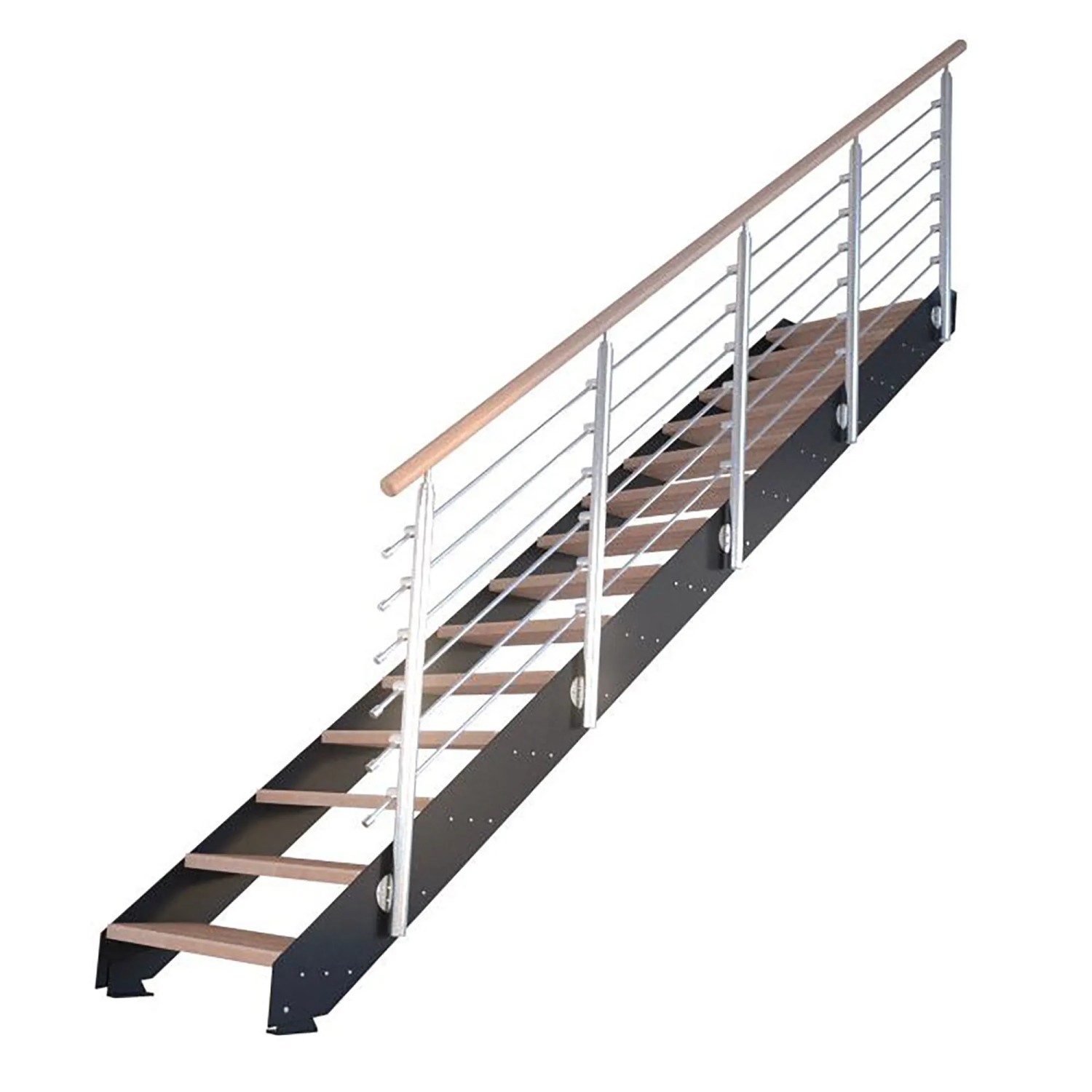 Treppe Kos mit 15 Buchenholzstufen, schwarzem Design-Geländer und Metallwange.