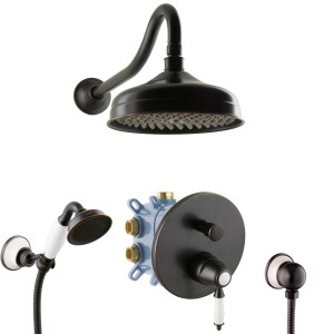 PaulGurkes Duschsystem Nostalgie Schwarz: Retro Regendusche mit Handbrause und Unterputz-Mischbatterie.