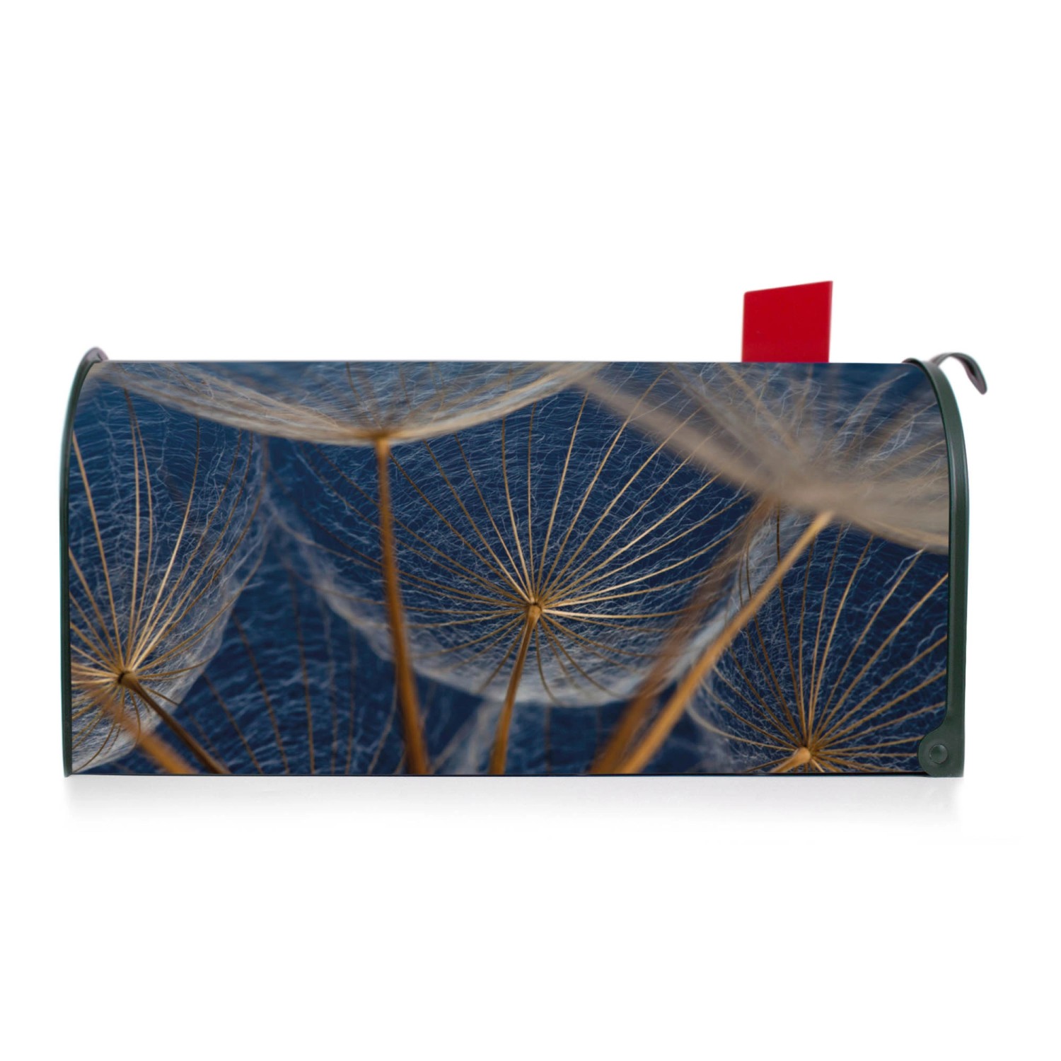 Grüner Banjado US Briefkasten mit Pusteblumen Motiv und roter Fahne.