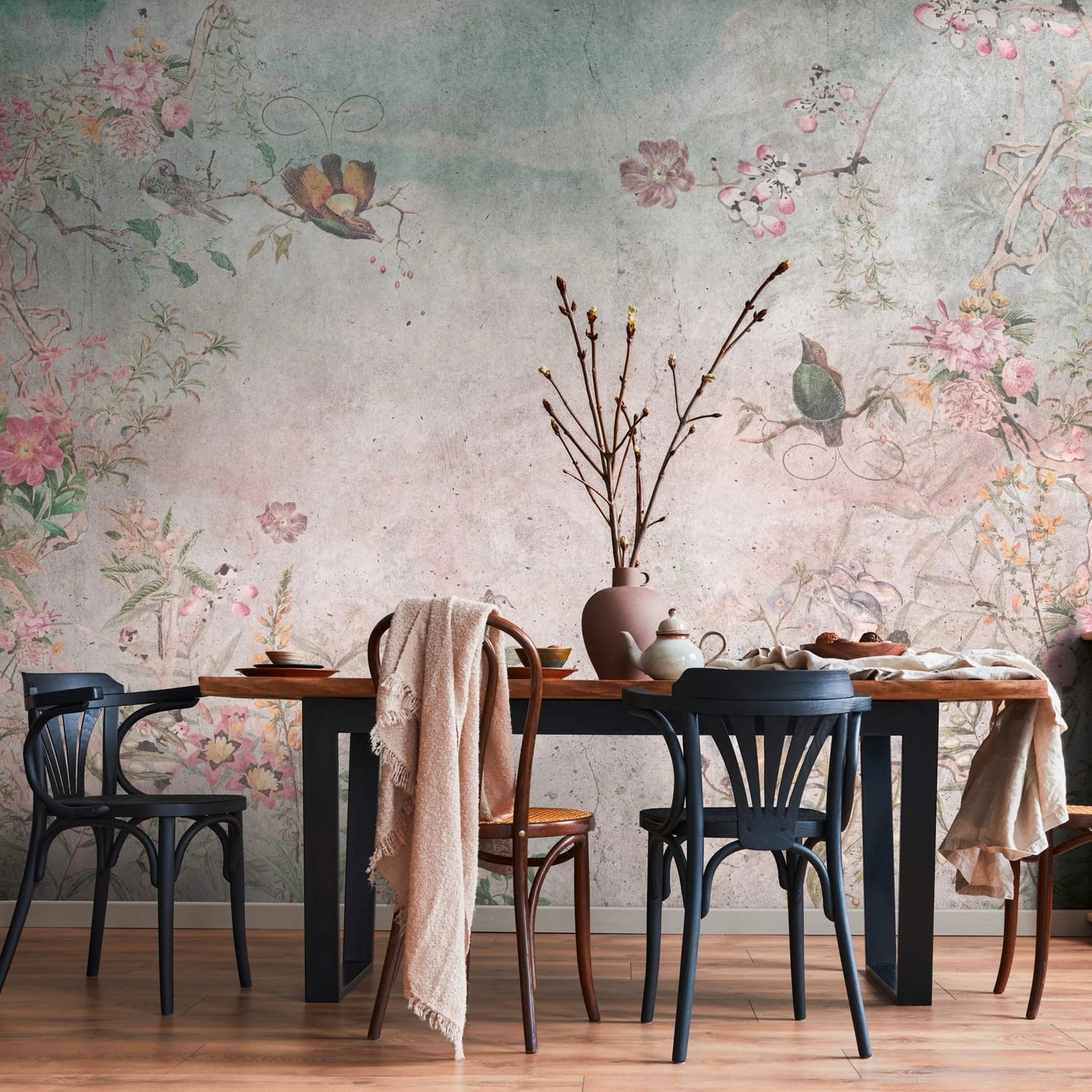 PROFHOME 399201-GU Fototapete Blumen Matt Grau Blau Rosa 3,71 m x 2,8 m 0,5 günstig online kaufen