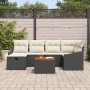 Schwarzes 7-teiliges vidaXL Garten-Sofa-Set aus Poly Rattan mit Kissen.