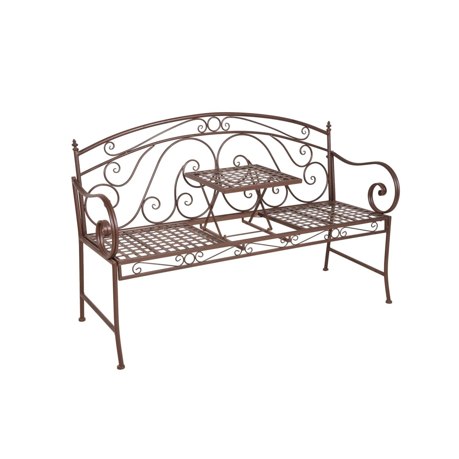 DELUKE Gartenbank SABINE Hochklappbarer Tisch 147cm Breit Stahl Braun 147x53x94,5cm Terrassenbank Wetterfest Sitzbank Outdoor Bank