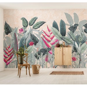 Komar Vliestapete Soft Jungle, 350x250cm, grüne Dschungel-Fototapete mit Pflanzen und Blüten.
