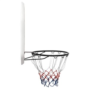 Weißer Basketballkorb mit Netz in Rot, Blau und Weiß. Sportgerät für Wandmontage.