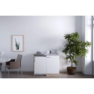 Respekta Miniküche MK100ESWC, 100 cm, Weiß/Eiche, mit Kühlschrank und Glaskeramikkochfeld.