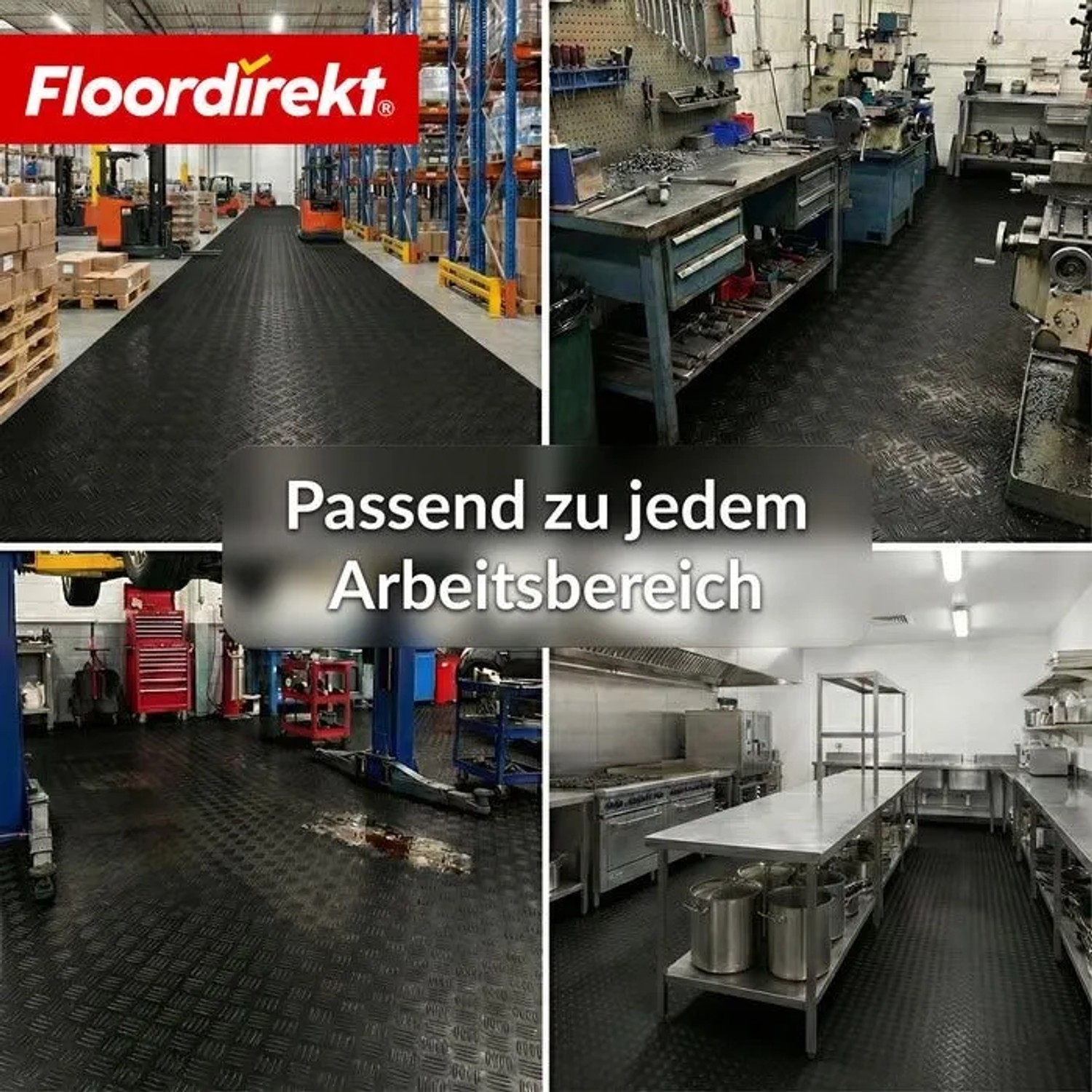 Anwendungsbeispiele: Schwarzer PVC-Bodenbelag Bullet in Werkstatt, Lager, Küche und Garage.