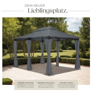 Anthrazitfarbener Tectake Gartenpavillon 4x3m mit Seitenteilen im Garten.