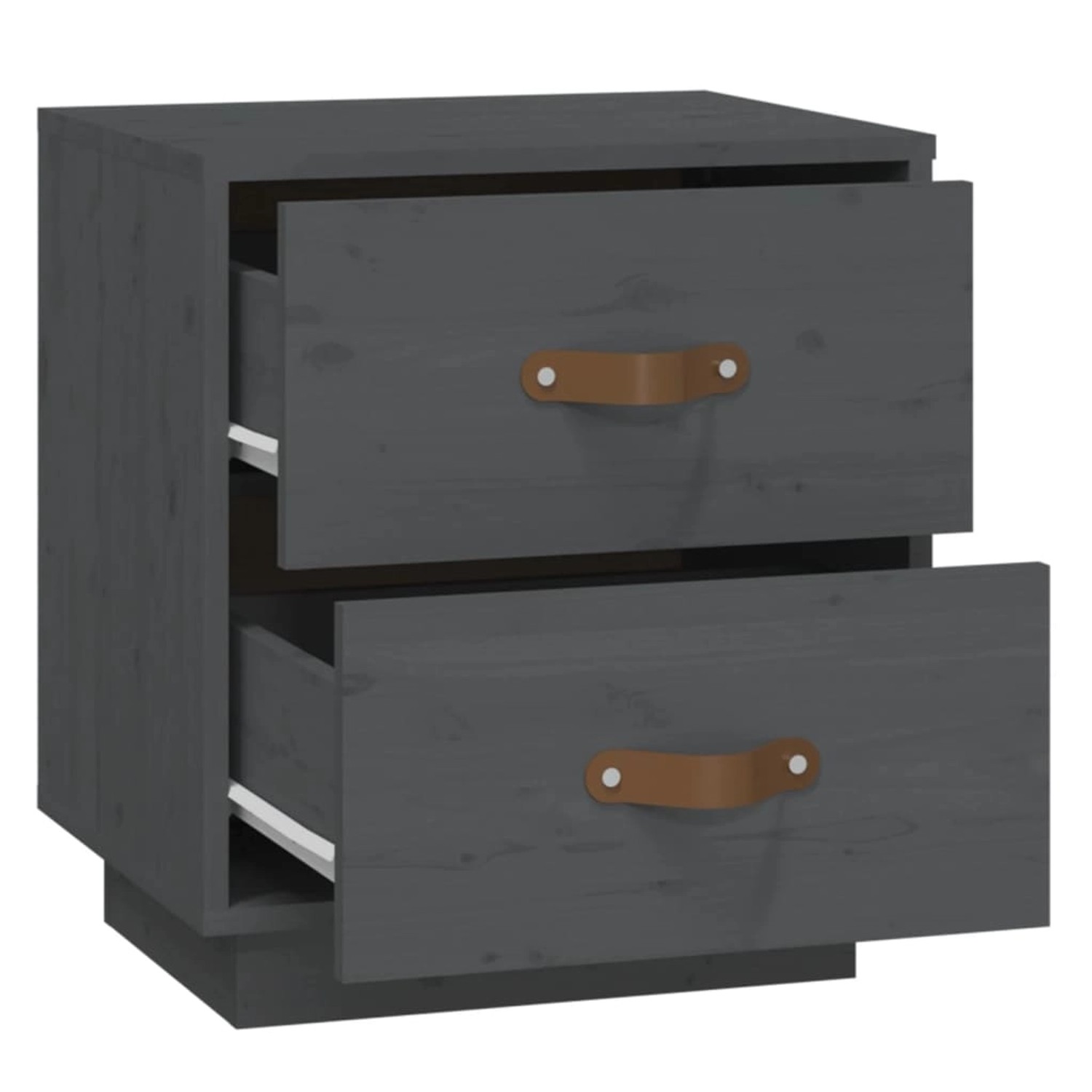 Grauer vidaXL Nachttisch aus Kiefernholz mit zwei Schubladen und Ledergriffen.