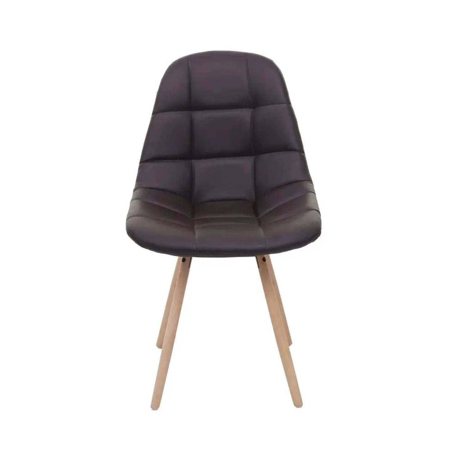 Brauner Esszimmerstuhl aus Kunstleder mit gepolsterter Sitzschale und vier Holzbeinen im Retro-Design. Bequem und standfest.
