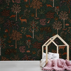 Fototapete Forest 280x300 cm mit Waldtieren wie Reh, Fuchs und Eichhörnchen auf dunklem Grund.