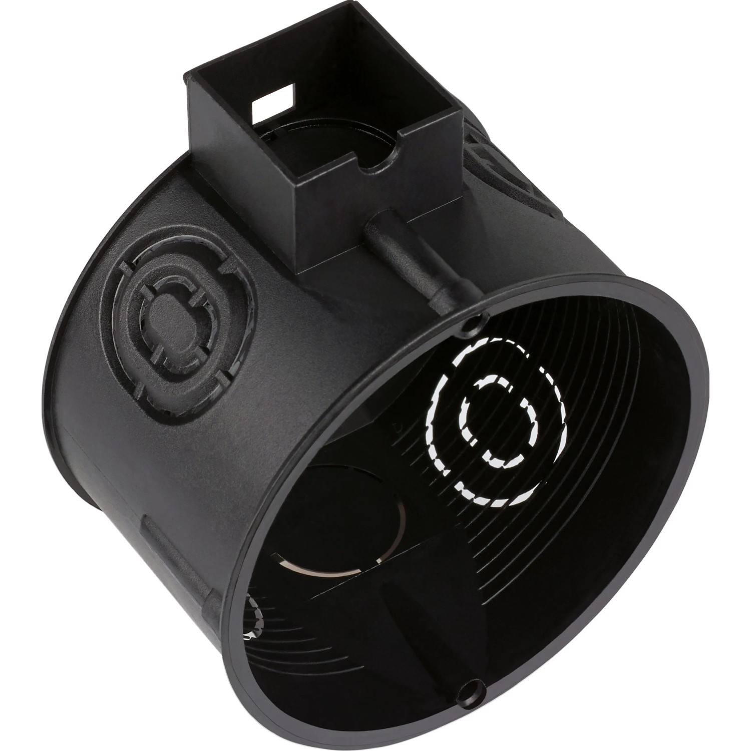 Schwarze ISO-Schalterdose, Ø 60 mm, Tiefe 62 mm, für Unterputzmontage.