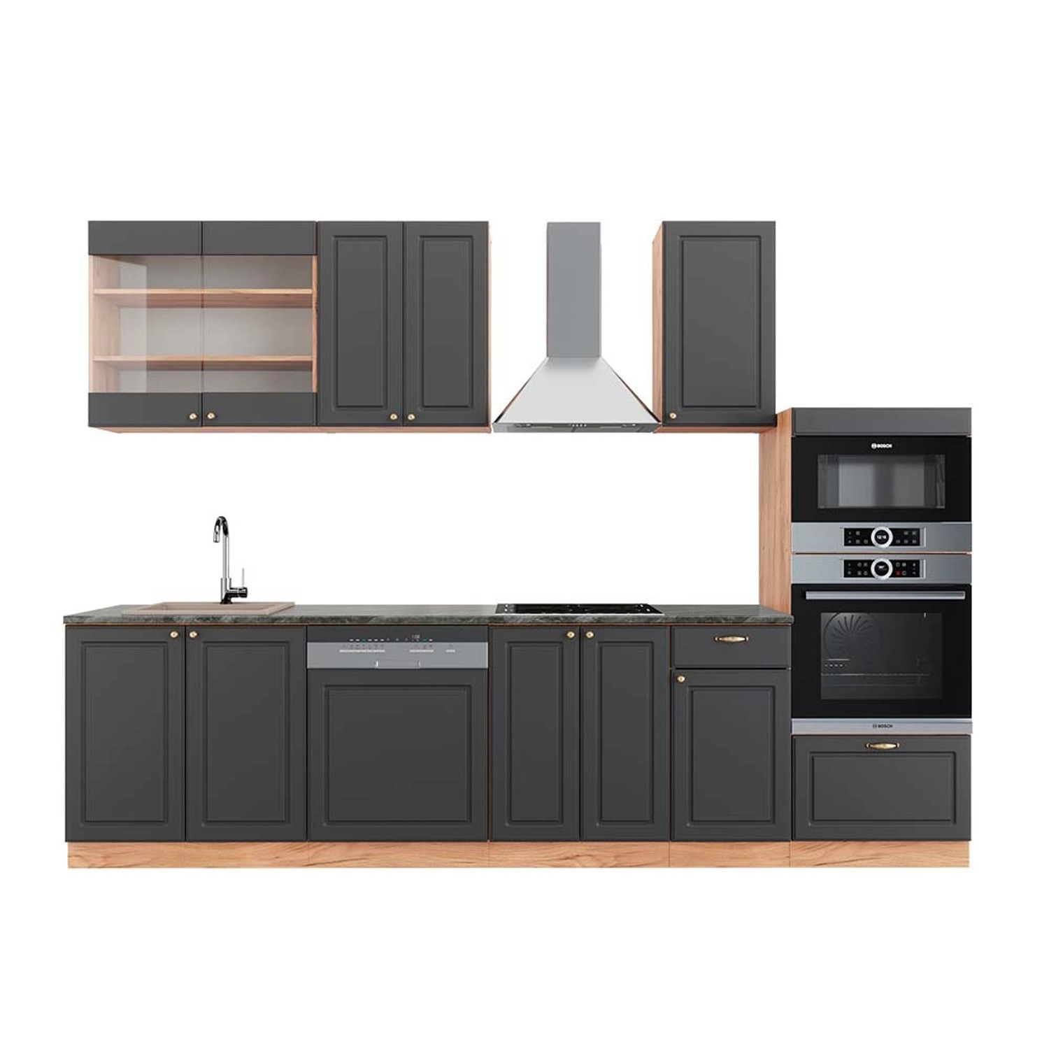 Vicco Fame-Line Küchenzeile Anthrazit Landhaus/Goldkraft Eiche 300 cm mit H günstig online kaufen