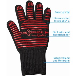 BBQ Grillhandschuh, hitzebeständig mit rotem Silikon für sicheren Halt beim Grillen.