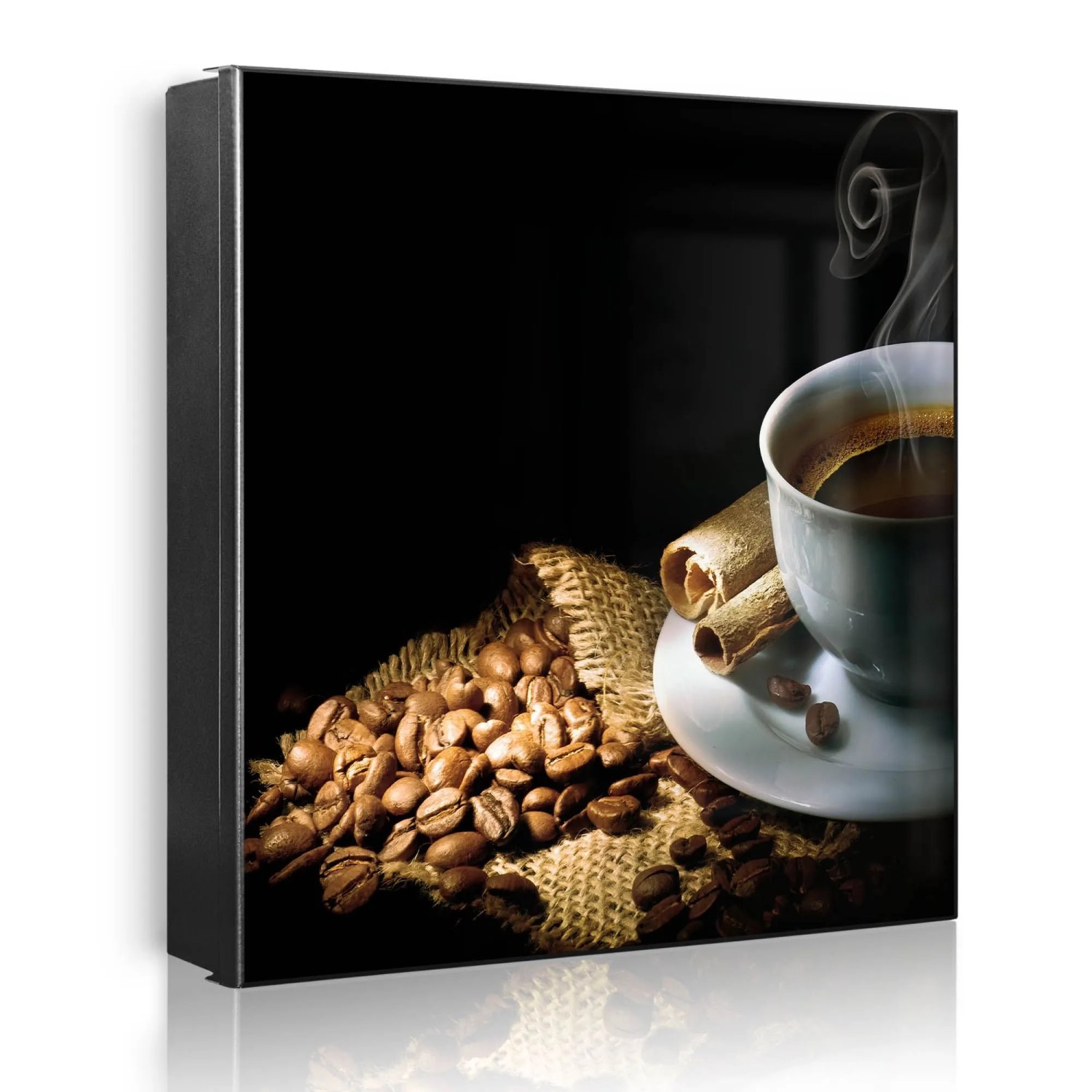 Banjado Großer Schlüsselkasten Metall 30x30cm Schwarz Scharnier Links 50 Haken Beschreibbar Magnetisch Motiv Hot Coffee