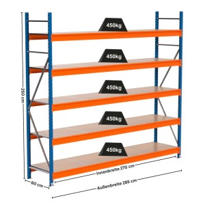 PROREGAL Industrie Weitspannregal Lagerregal MAXIMUS PRO Grundregal HxBxT 250x275x60cm 5 Spanplatten-Fachboden Fachlast 450kg Blau/Orange