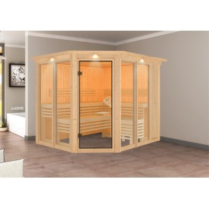 Karibu Sauna Airin 3 mit LED-Dachkranz, Naturholz, Eckeinstieg und Glastür.