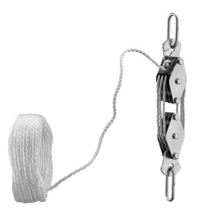 Xpotool Flaschenzug 180kg mit weißem Nylonseil und metallischen Umlenkrollen. Robuster Seilzug für Lasten.